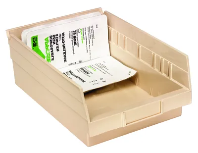 Quantum QSB107IVCS Economy Shelf Bin, 11-5/8"D x 8-3/8"W x 4"H, 35 lb capacity, Ivory, Case of 20 — in use