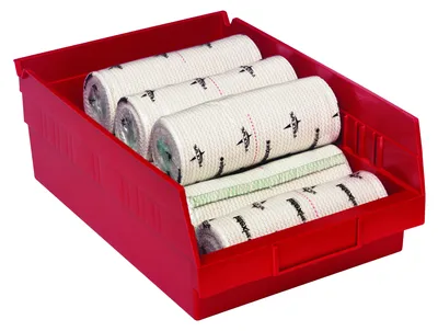 Quantum QSB108RDCS Economy Shelf Bin, 17-7/8"D x 8-3/8"W x 4"H, 35 lb capacity, Red, Case of 10 — in use