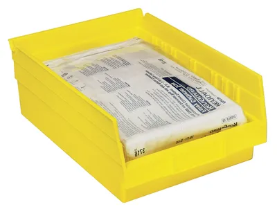 Quantum QSB110YLCS Economy Shelf Bin, 17-7/8"D x 11-1/8"W x 4"H, 35 lb capacity, Yellow, Case of 8 — in use