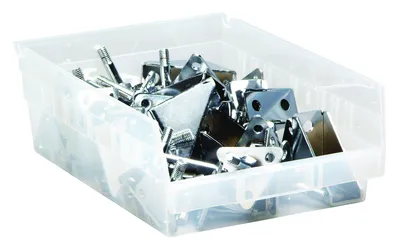 Quantum QSB107CLCS Economy Shelf Bin, 11-5/8"D x 8-3/8"W x 4"H, 35 lb capacity, Clear, Case of 20 — in use