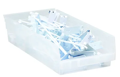 Quantum QSB210CLCS Economy Shelf Bin, 11-1/8"W x 17-7/8"L x 6"H, 45 lb capacity, Clear, Case of 8 — in use