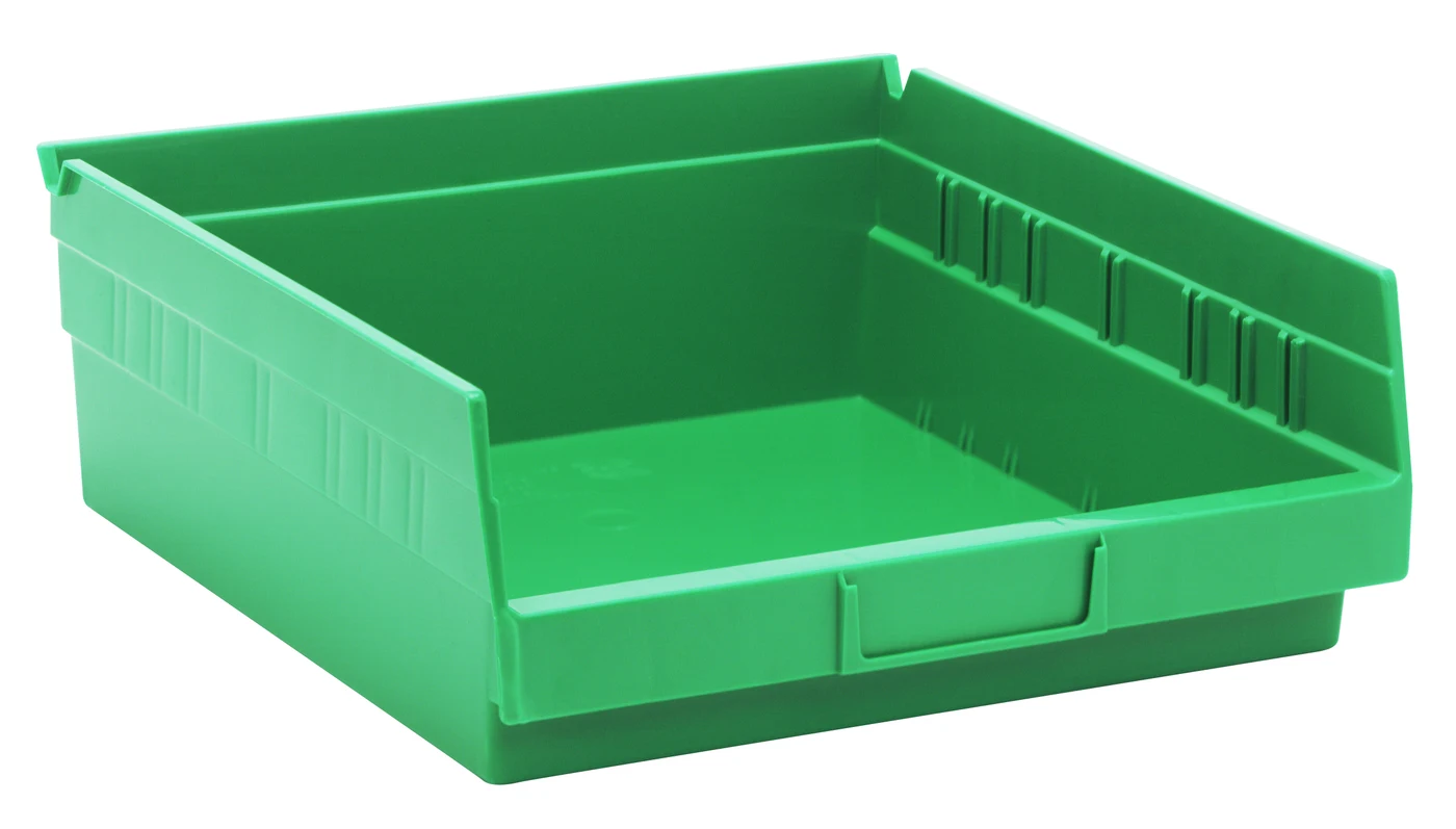 Quantum QSB109GNCS Economy Shelf Bin, 11-5/8"D x 11-1/8"W x 4"H, 35 lb capacity, Green, Case of 8