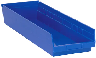 Quantum QSB114BLCS Economy Shelf Bin, 23-5/8"D x 8-3/8"W x 4"H, 35 lb capacity, Blue, Case of 6