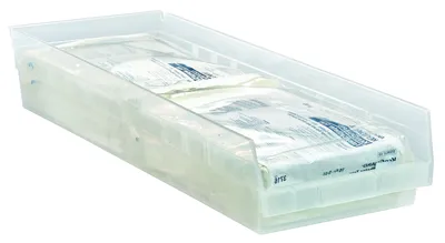 Quantum QSB114CLCS Economy Shelf Bin, 23-5/8"D x 8-3/8"W x 4"H, 35 lb capacity, Clear, Case of 6 — in use