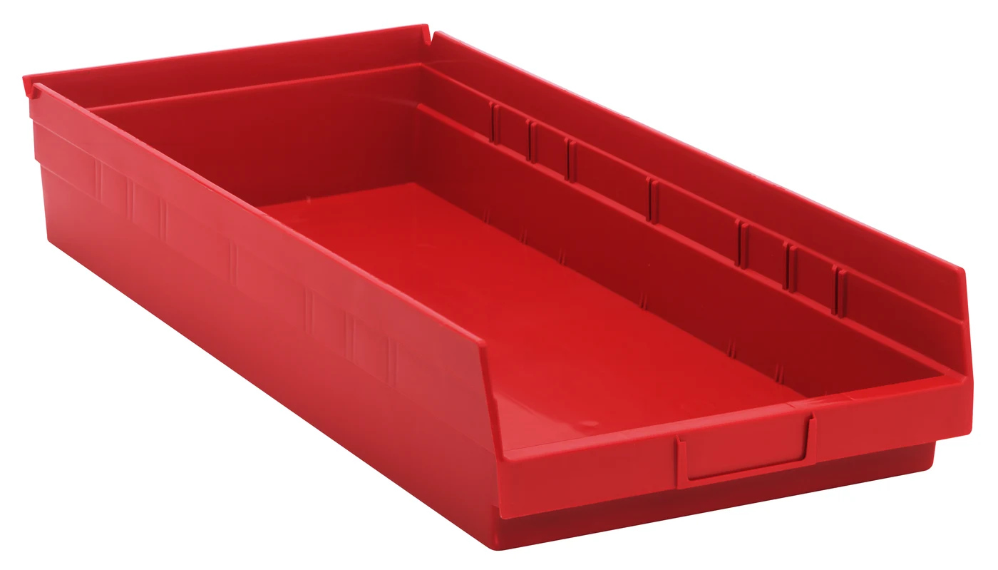Quantum QSB116RDCS Economy Shelf Bin, 23-5/8"D x 11-1/8"W x 4"H, 35 lb capacity, Red, Case of 6
