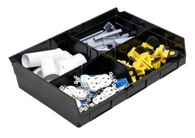 Quantum QSB118BKCS Economy Shelf Bin, 11-5/8"D x 16-1/2"W x 4"H, 35 lb capacity, Black, Case of 6 — in use