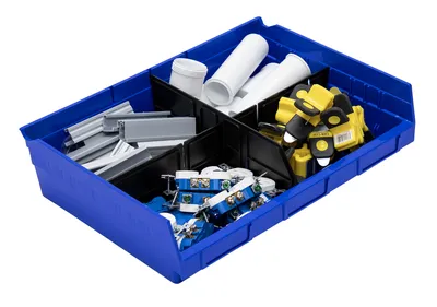 Quantum QSB118BLCS Economy Shelf Bin, 11-5/8"D x 16-1/2"W x 4"H, 35 lb capacity, Blue, Case of 6 — in use
