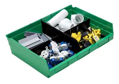 Quantum QSB118GNCS Economy Shelf Bin, 11-5/8"D x 16-1/2"W x 4"H, 35 lb capacity, Green, Case of 6 — in use