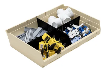 Quantum QSB118IVCS Economy Shelf Bin, 11-5/8"D x 16-1/2"W x 4"H, 35 lb capacity, Ivory, Case of 6 — in use