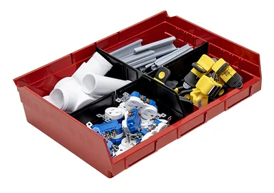 Quantum QSB118RDCS Economy Shelf Bin, 11-5/8"D x 16-1/2"W x 4"H, 35 lb capacity, Red, Case of 6 — in use