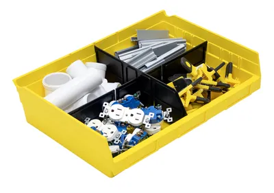 Quantum QSB118YLCS Economy Shelf Bin, 11-5/8"D x 16-1/2"W x 4"H, 35 lb capacity, Yellow, Case of 6 — in use