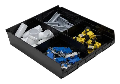 Quantum QSB122BKCS Economy Shelf Bin, 17-7/8"D x 16-1/2"W x 4"H, 35 lb capacity, Black, Case of 6 — in use