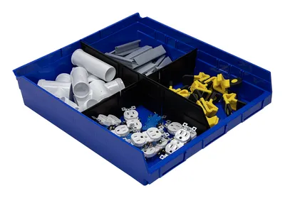 Quantum QSB122BLCS Economy Shelf Bin, 17-7/8"D x 16-1/2"W x 4"H, 35 lb capacity, Blue, Case of 6 — in use