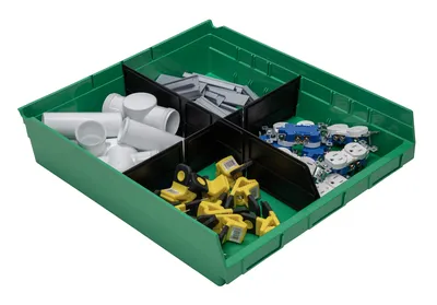 Quantum QSB122GNCS Economy Shelf Bin, 17-7/8"D x 16-1/2"W x 4"H, 35 lb capacity, Green, Case of 6 — in use