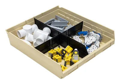 Quantum QSB122IVCS Economy Shelf Bin, 17-7/8"D x 16-1/2"W x 4"H, 35 lb capacity, Ivory, Case of 6 — in use