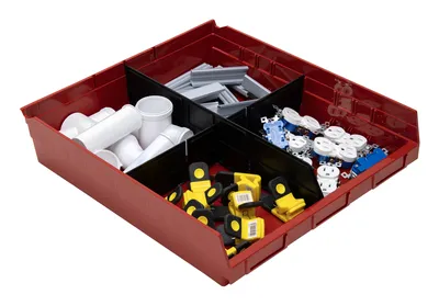 Quantum QSB122RDCS Economy Shelf Bin, 17-7/8"D x 16-1/2"W x 4"H, 35 lb capacity, Red, Case of 6 — in use