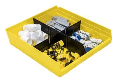 Quantum QSB122YLCS Economy Shelf Bin, 17-7/8"D x 16-1/2"W x 4"H, 35 lb capacity, Yellow, Case of 6 — in use