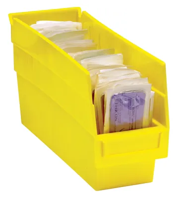 Quantum QSB201YLCS Economy Shelf Bin, 4-1/8"W x 11-5/8"L x 6"H, 45 lb capacity, Yellow, Case of 36 — in use