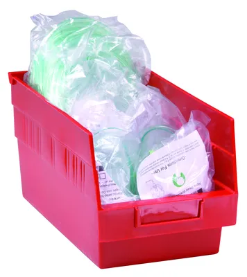 Quantum QSB201RDCS Economy Shelf Bin, 4-1/8"W x 11-5/8"L x 6"H, 45 lb capacity, Red, Case of 36 — in use