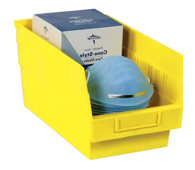 Quantum QSB202YLCS Economy Shelf Bin, 6-5/8"W x 11-5/8"L x 6"H, 45 lb capacity, Yellow, Case of 30 — in use