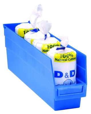 Quantum QSB205BLCS Economy Shelf Bin, 4-1/8"W x 23-5/8"L x 6"H, 45 lb capacity, Blue, Case of 16 — in use