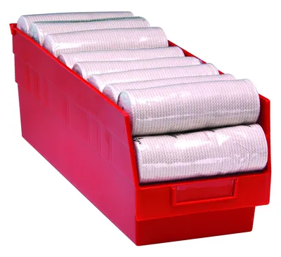 Quantum QSB205RDCS Economy Shelf Bin, 4-1/8"W x 23-5/8"L x 6"H, 45 lb capacity, Red, Case of 16 — in use