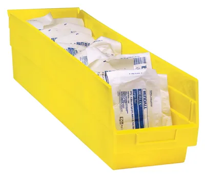 Quantum QSB205YLCS Economy Shelf Bin, 4-1/8"W x 23-5/8"L x 6"H, 45 lb capacity, Yellow, Case of 16 — in use