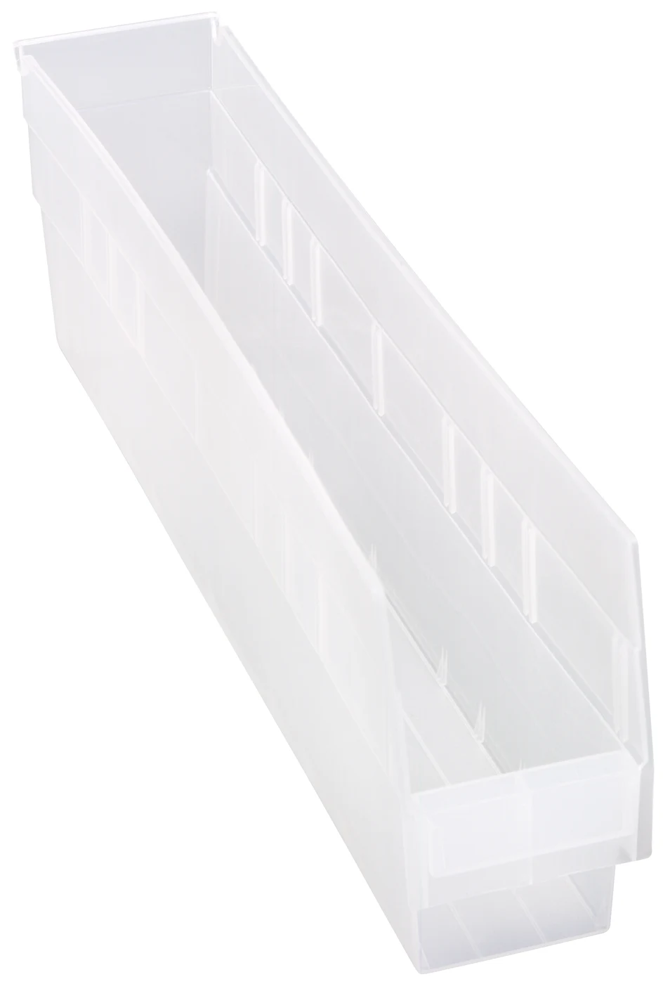 Quantum QSB205CLCS Economy Shelf Bin, 4-1/8"W x 23-5/8"L x 6"H, 45 lb capacity, Clear, Case of 16