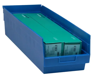 Quantum QSB206BLCS Economy Shelf Bin, 6-5/8"W x 23-5/8"L x 6"H, 45 lb capacity, Blue, Case of 8 — in use