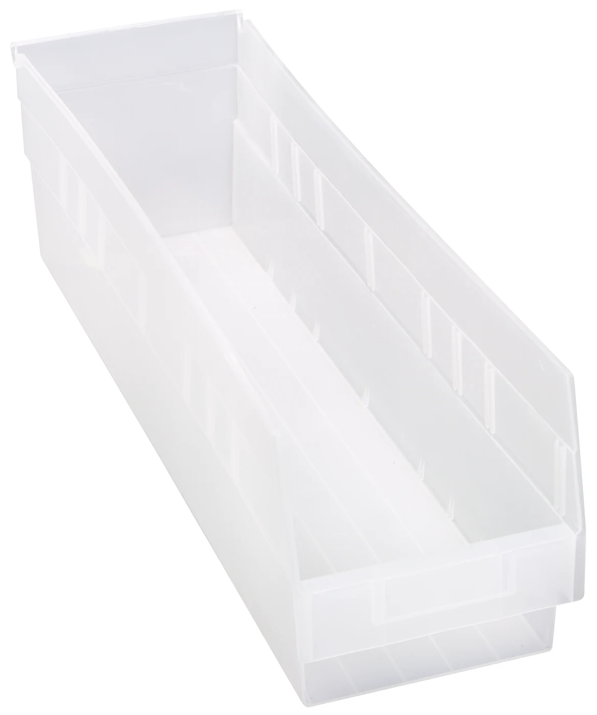 Quantum QSB206CLCS Economy Shelf Bin, 6-5/8"W x 23-5/8"L x 6"H, 45 lb capacity, Clear, Case of 8
