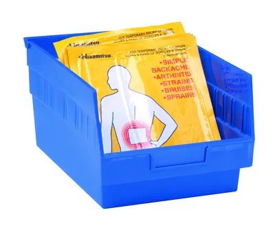 Quantum QSB208BLCS Economy Shelf Bin, 8-3/8"W x 17-7/8"L x 6"H, 45 lb capacity, Blue, Case of 10 — in use