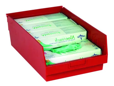 Quantum QSB207RDCS Economy Shelf Bin, 8-3/8"W x 11-5/8"L x 6"H, 45 lb capacity, Red, Case of 20 — in use