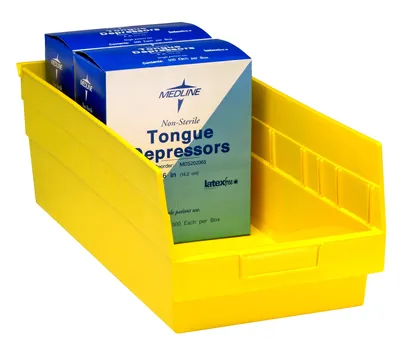 Quantum QSB214YLCS Economy Shelf Bin, 8-3/8"W x 23-5/8"L x 6"H, 45 lb capacity, Yellow, Case of 6 — in use