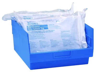 Quantum QSB216BLCS Economy Shelf Bin, 11-1/8"W x 23-5/8"L x 6"H, 45 lb capacity, Blue, Case of 6 — in use