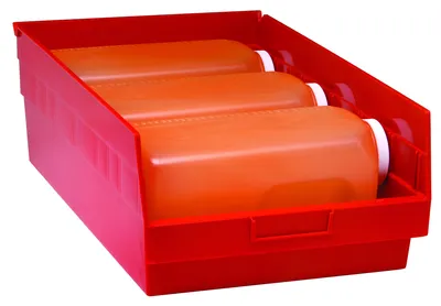 Quantum QSB216RDCS Economy Shelf Bin, 11-1/8"W x 23-5/8"L x 6"H, 45 lb capacity, Red, Case of 6 — in use