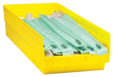 Quantum QSB216YLCS Economy Shelf Bin, 11-1/8"W x 23-5/8"L x 6"H, 45 lb capacity, Yellow, Case of 6 — in use
