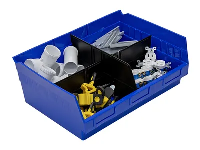 Quantum QSB218BLCS Economy Shelf Bin, 16-1/2"W x 11-5/8"L x 6"H, 45 lb capacity, Blue, Case of 6 — in use