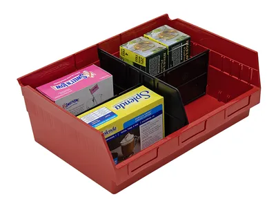 Quantum QSB218RDCS Economy Shelf Bin, 16-1/2"W x 11-5/8"L x 6"H, 45 lb capacity, Red, Case of 6 — in use