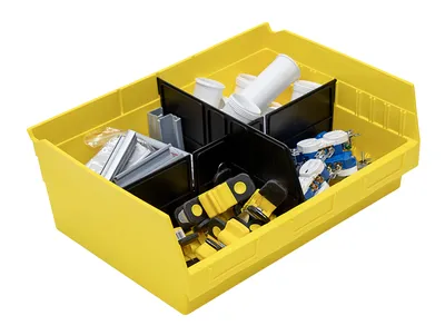 Quantum QSB218YLCS Economy Shelf Bin, 16-1/2"W x 11-5/8"L x 6"H, 45 lb capacity, Yellow, Case of 6 — in use