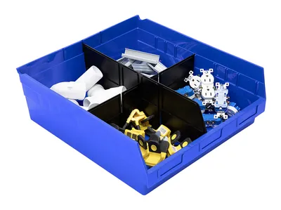 Quantum QSB222BLCS Economy Shelf Bin, 16-1/2"W x 17-7/8"L x 6"H, 45 lb capacity, Blue, Case of 6 — in use