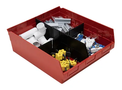 Quantum QSB222RDCS Economy Shelf Bin, 16-1/2"W x 17-7/8"L x 6"H, 45 lb capacity, Red, Case of 6 — in use