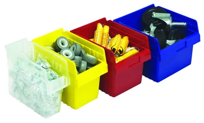 Quantum QSB805BLCS Economy Shelf Bin, 4-1/8"W x 23-5/8"L x 8"H, Blue, Case of 16 — in use