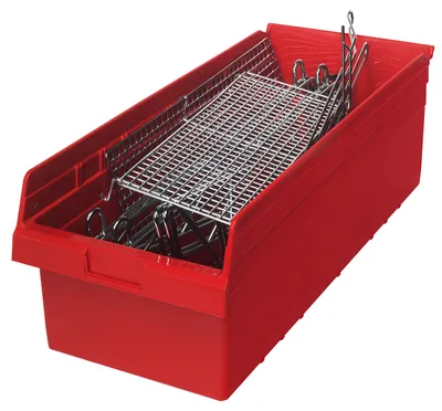 Quantum QSB806RDCS Economy Shelf Bin, 6-5/8"W x 23-5/8"L x 8"H, Red, Case of 8 — in use