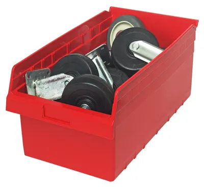 Quantum QSB810RDCS Economy Shelf Bin, 11-1/8"W x 17-7/8"L x 8"H, Red, Case of 8 — in use
