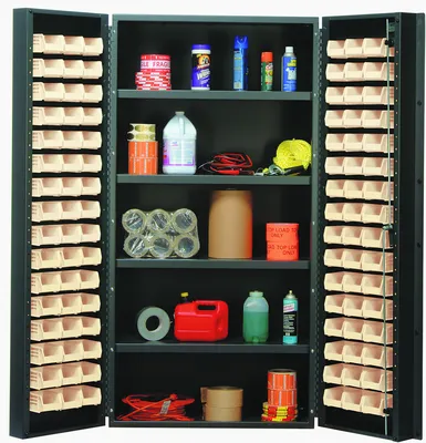 Quantum QSC-BG-36-32-4ISCL Heavy-Duty 36" Bin Cabinet, 36"W x 24"D x 72"H, 800 lb capacity, Beige — in use