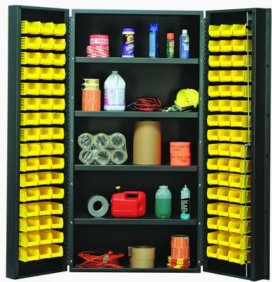Quantum QSC-BG-36-32-4ISYL Heavy-Duty 36" Bin Cabinet, 36"W x 24"D x 72"H, 800 lb capacity, Beige — in use