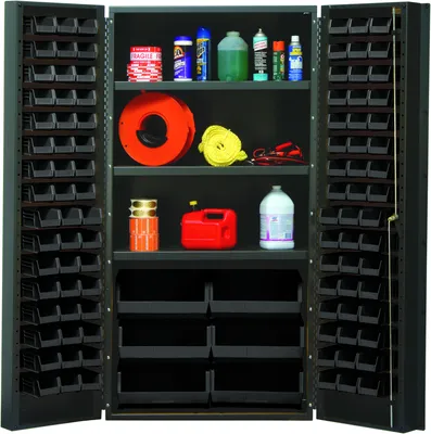 Quantum QSC-BG-36S-38BK Heavy-Duty 36" Bin Cabinet, 36"W x 24"D x 72"H, 800 lb capacity, Beige — in use