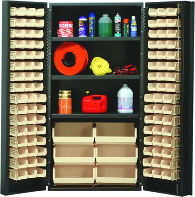 Quantum QSC-BG-36IV Heavy-Duty 36" Bin Cabinet, 36"W x 24"D x 72"H, 800 lb capacity, Beige — in use