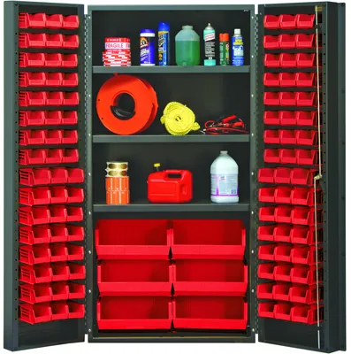 Quantum QSC-36RD Heavy-Duty 36" Bin Cabinet, 36"W x 24"D x 72"H, 800 lb capacity, Gray — in use
