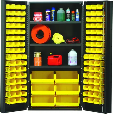 Quantum QSC-BG-36SYL Heavy-Duty 36" Bin Cabinet, 36"W x 24"D x 72"H, 800 lb capacity, Beige — in use